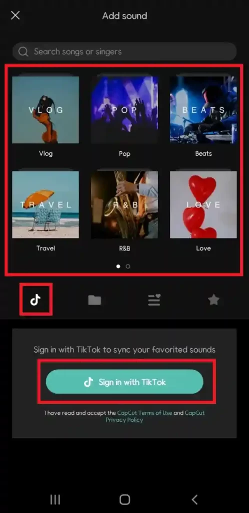 sounds category and tiktok sign in option in capcut