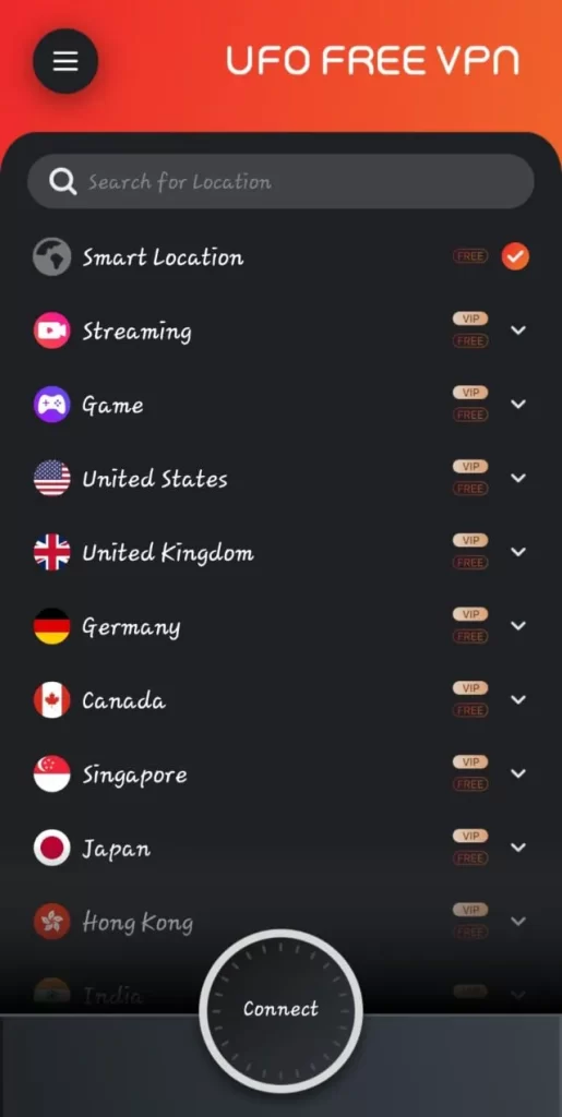 Select Country in UFO VPN Mod Apk